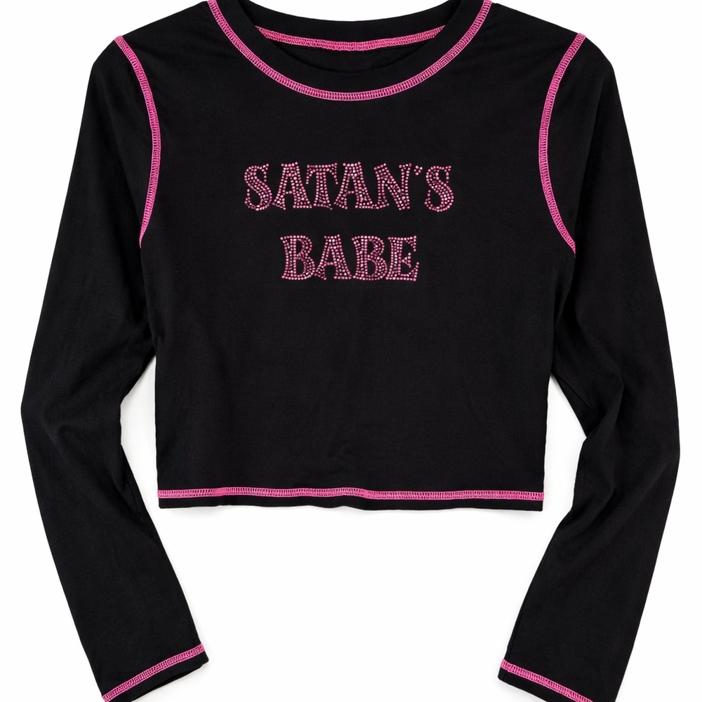 MISSGUIDED Satan's Babe Long Sleeve Crop Top Rhinestone Letters size L